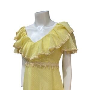 Vintage 1970s Yellow Ruffle Maxi Dress – Sheer Polka Dot Long Dress / Small -